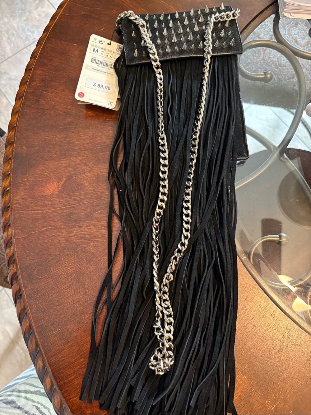 Zara Black Studded Fringe Crossbody with Silver-Tone Spikes